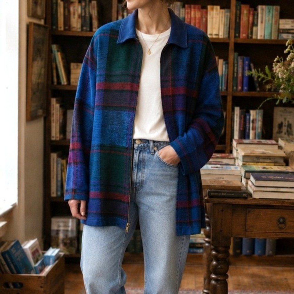 VTG 90s Plaid Zip Sweater Jacket L Grandpa Core Cabin Artsy Oversized‎